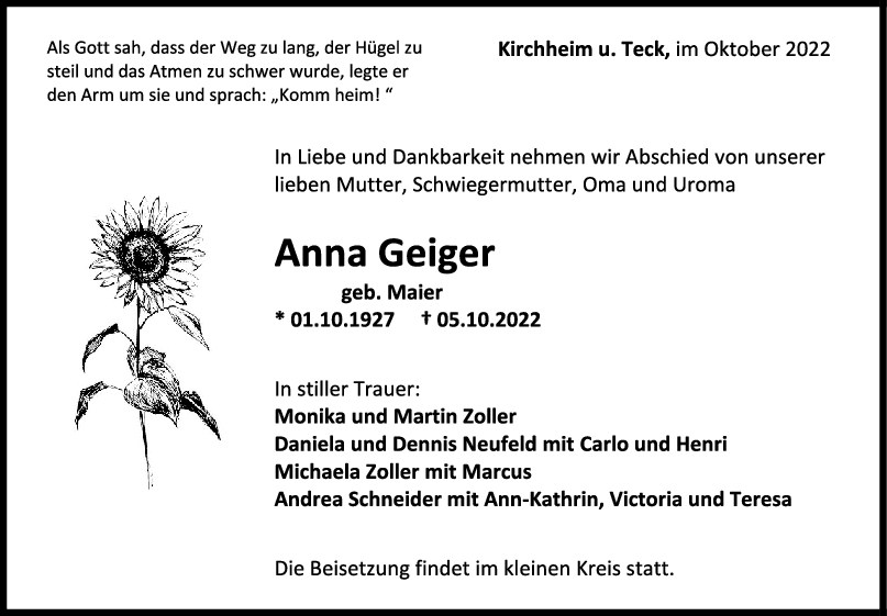 Trauer Anna Geiger 08/10/2022