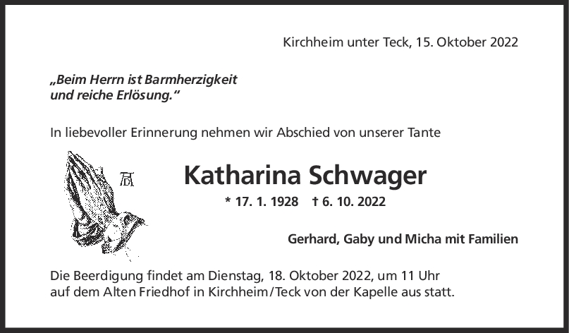 Trauer Katharina Schwager 15/10/2022
