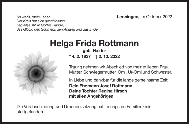 Trauer Frida Rottmann 15/10/2022
