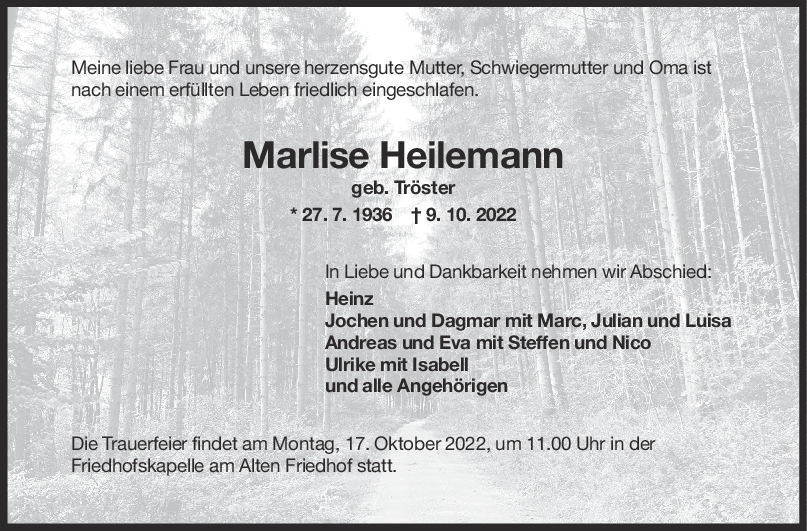 Trauer Marlise Heilemann 12/10/2022