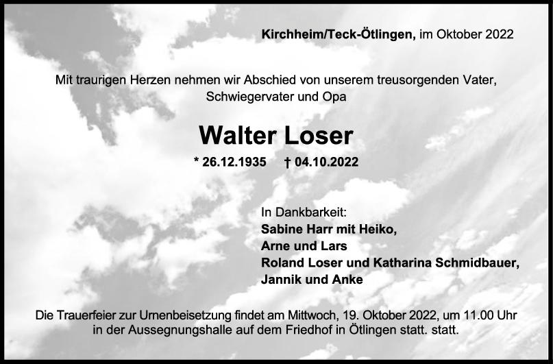 Trauer Walter Loser <br><p style=