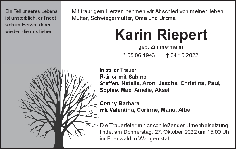 Trauer Karin Riepert 22/10/2022