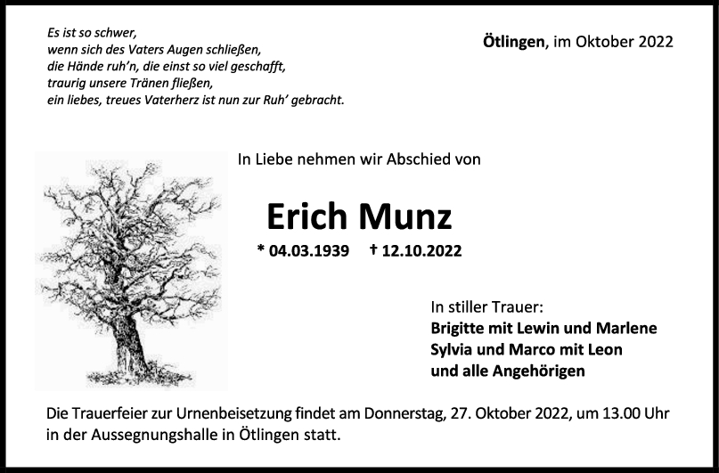 Trauer Erich Munz 19/10/2022