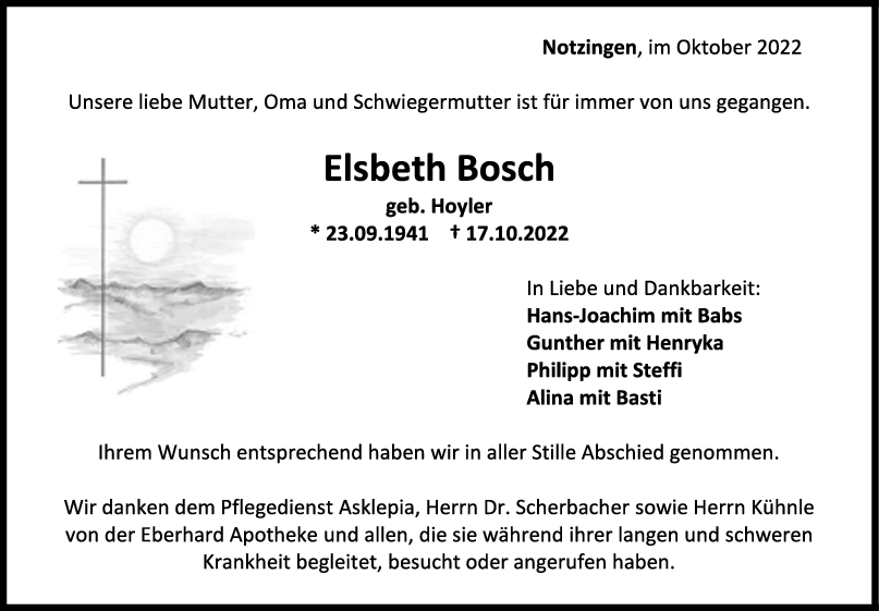 Trauer Elsbeth Bosch 29/10/2022