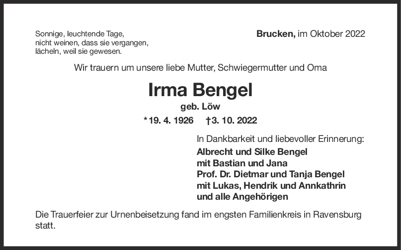 Trauer Irma Bengel <br><p style=