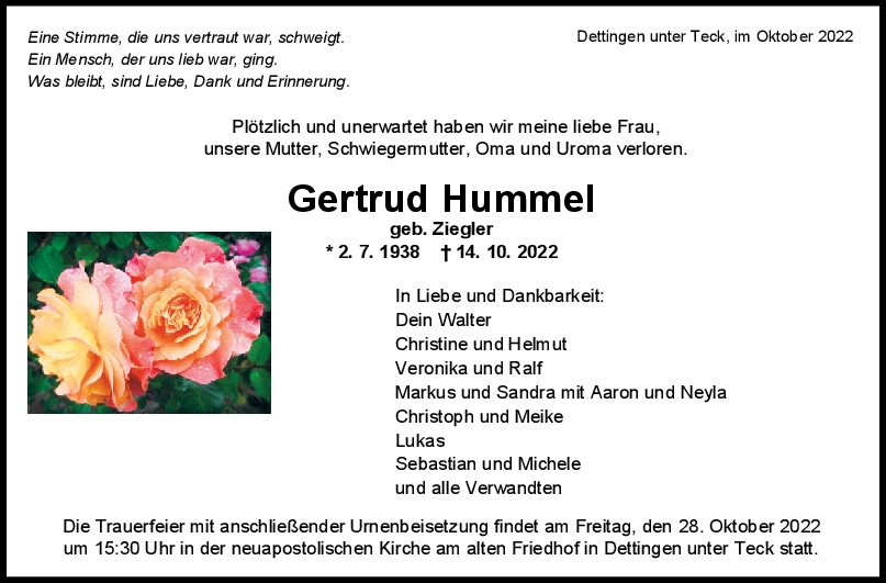 Trauer Gertrud Hummel <br><p style=