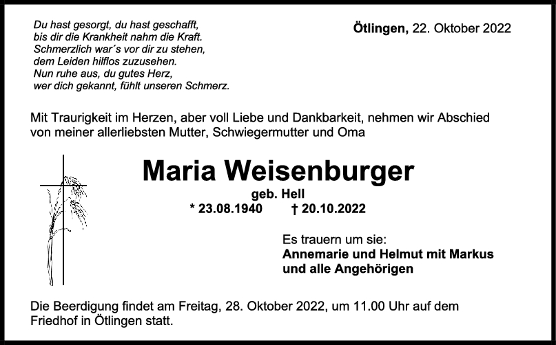 Trauer Maria Weisenburger 22/10/2022