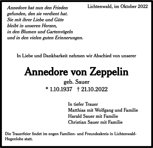 Trauer Annedore von Zeppelin <br><p style=