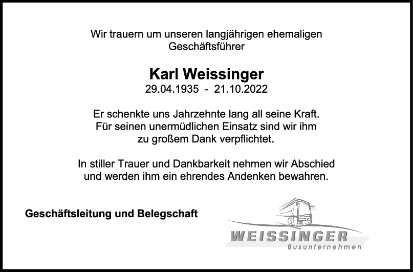 Nachruf Karl Weissinger <br><p style=