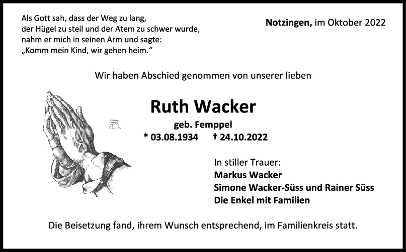 Trauer Ruth Wacker 12/11/2022