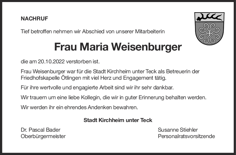 Nachruf Maria Weisenburger <br><p style=