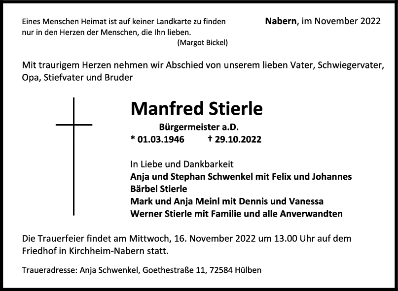 Trauer Manfred Stierle 05/11/2022