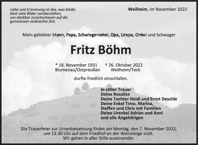 Trauer Fritz Böhm 05/11/2022