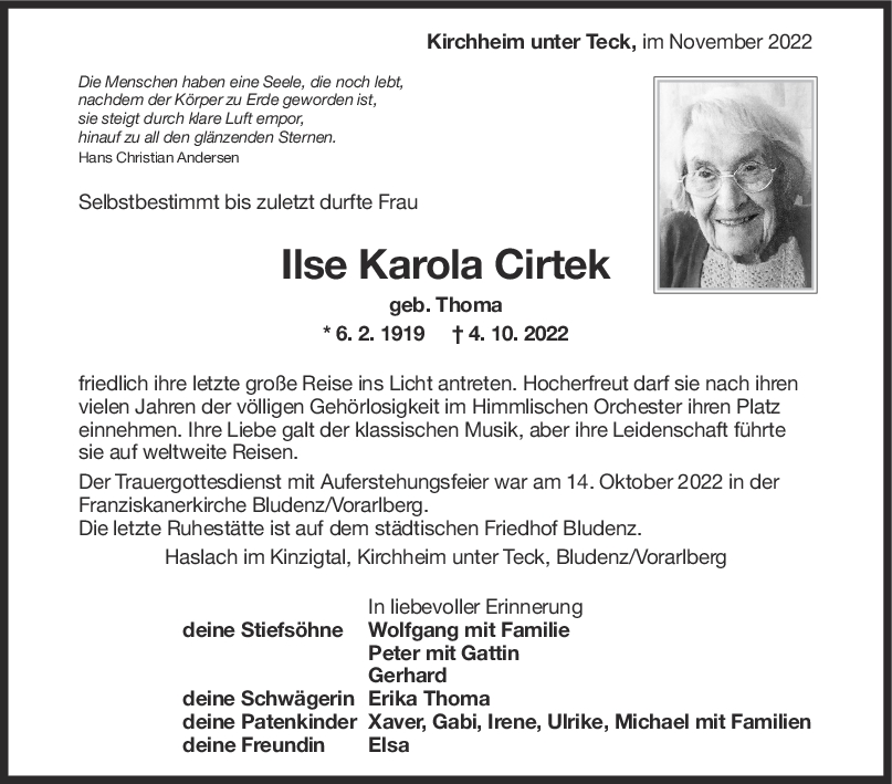 Trauer Ilse Karola Cirtek <br><p style=