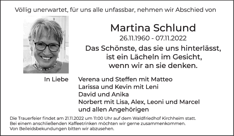 Trauer Martina Schlund 12/11/2022