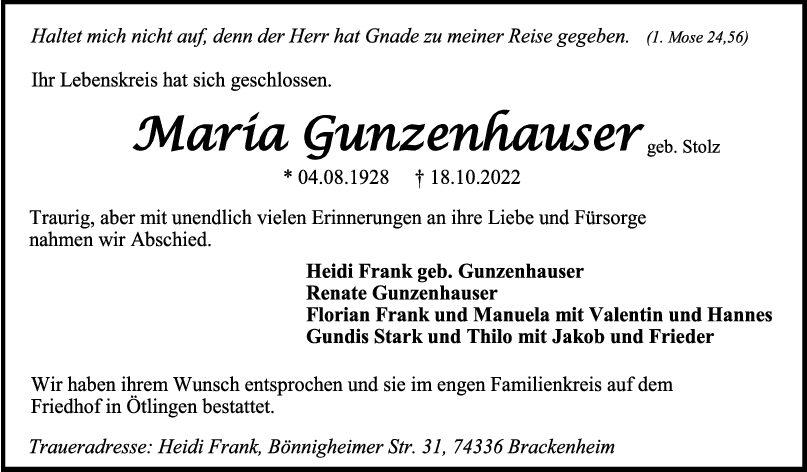 Trauer Maria Gunzenhauser 12/11/2022