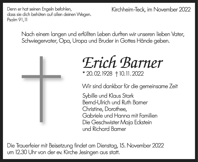 Trauer Erich Barner <br><p style=