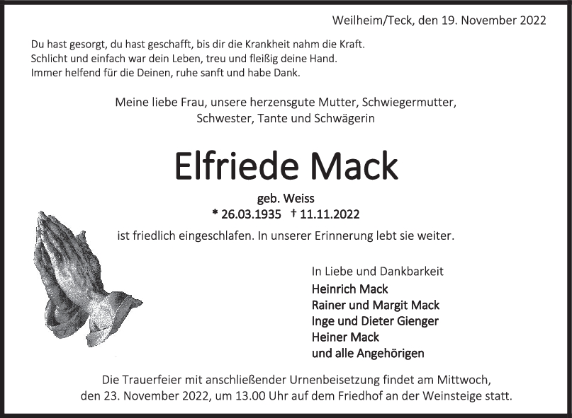 Trauer Elfriede Mack 19/11/2022