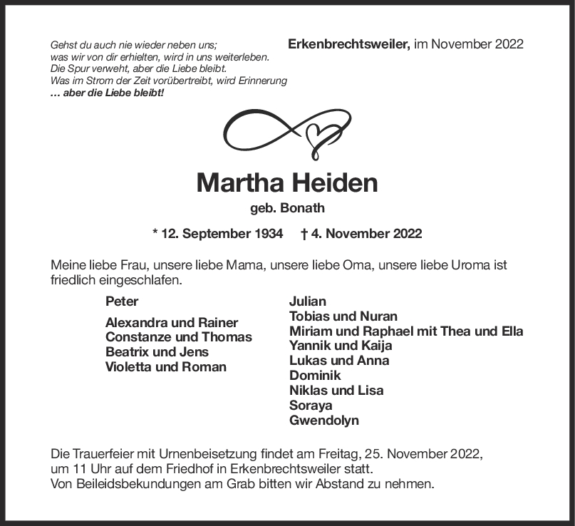 Trauer Martha Heiden 19/11/2022