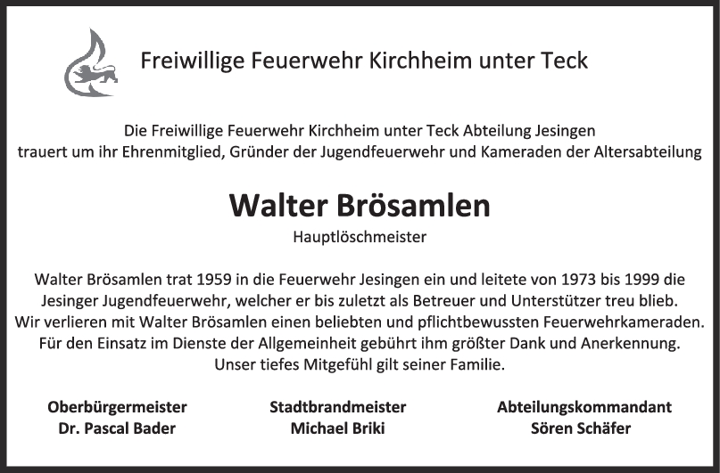 Nachruf Walter Brösameln <br><p style=