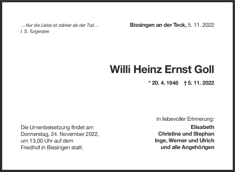 Trauer Willi Heinz Ernst Goll 19/11/2022