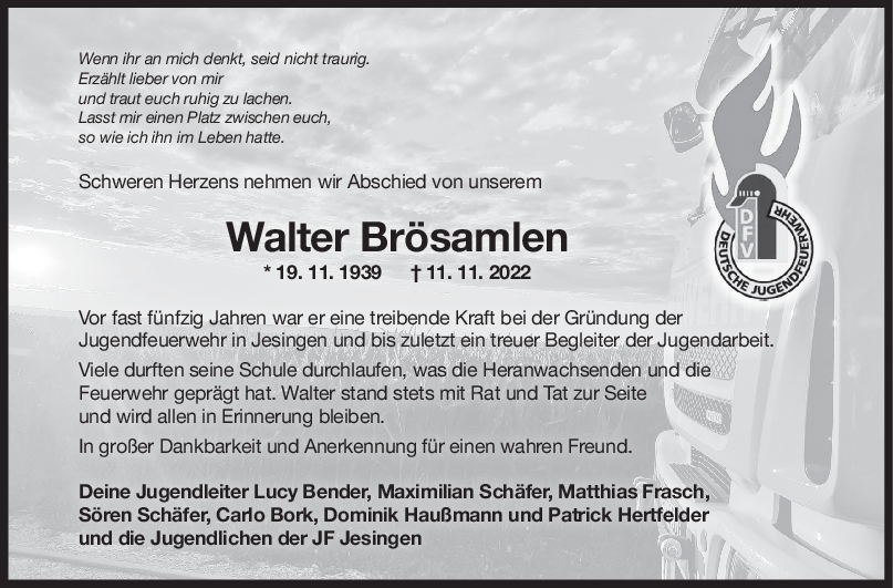 Nachruf Walter Brösameln <br><p style=