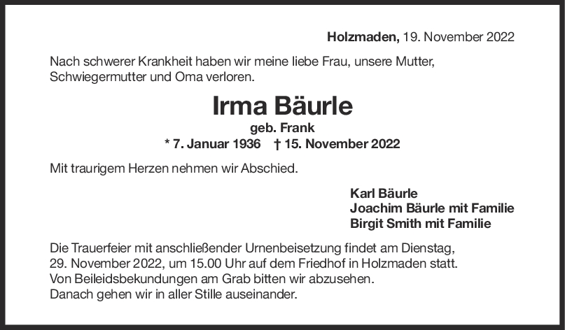 Trauer Irma Bäurle 19/11/2022