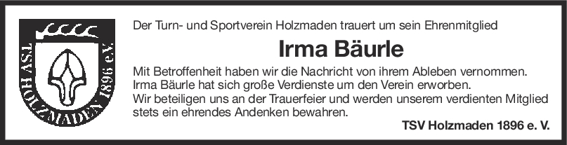 Nachruf Irma Bäurle <br><p style=