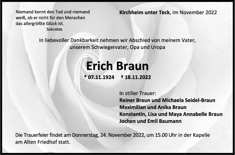 Trauer Erich Braun 21/11/2022