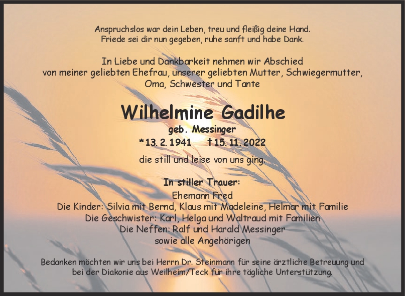 Trauer Wilhelmine Gadilhe <br><p style=