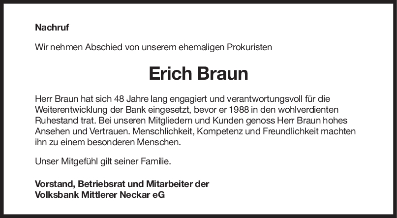 Nachruf Erich Braun <br><p style=