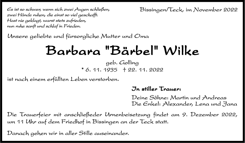 Trauer Barbara Wilke <br><p style=