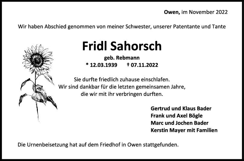 Trauer Fridl Sahorsch <br><p style=