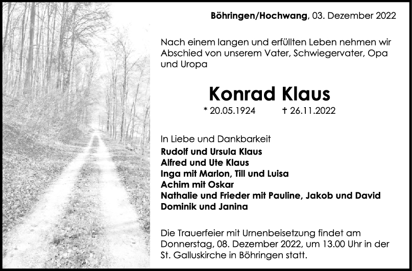 Trauer Konrad Klaus <br><p style=