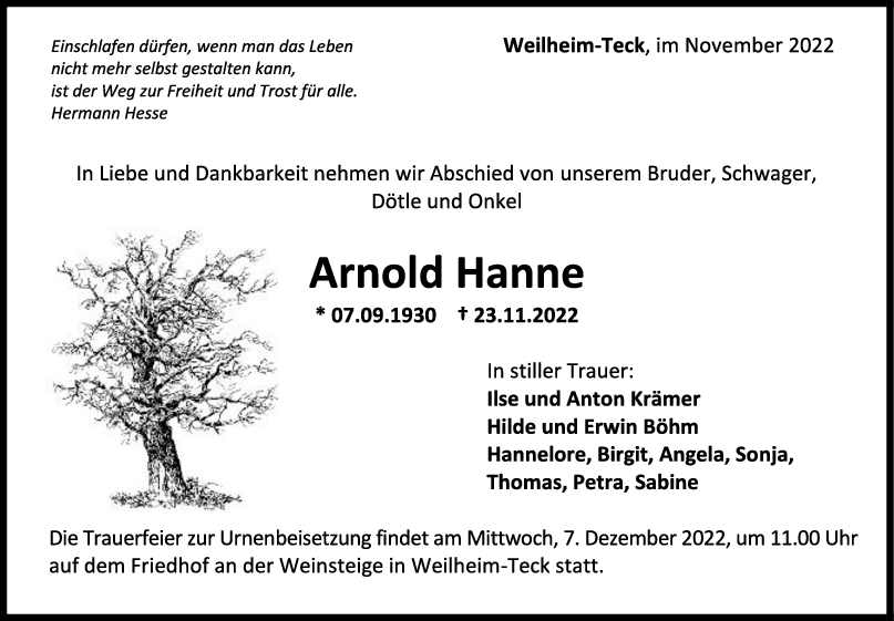 Trauer Arnold Hanne <br><p style=