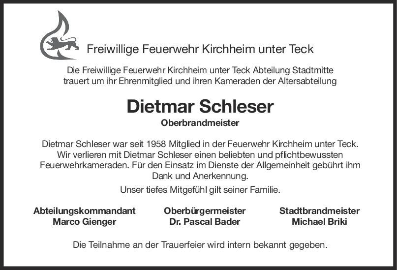Nachruf Dietmar Schleser <br><p style=
