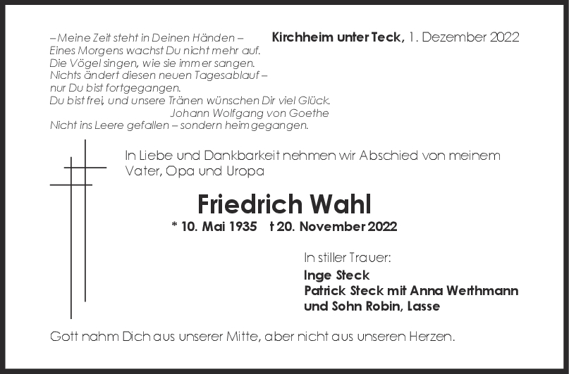 Trauer Friedrich Wahl <br><p style=