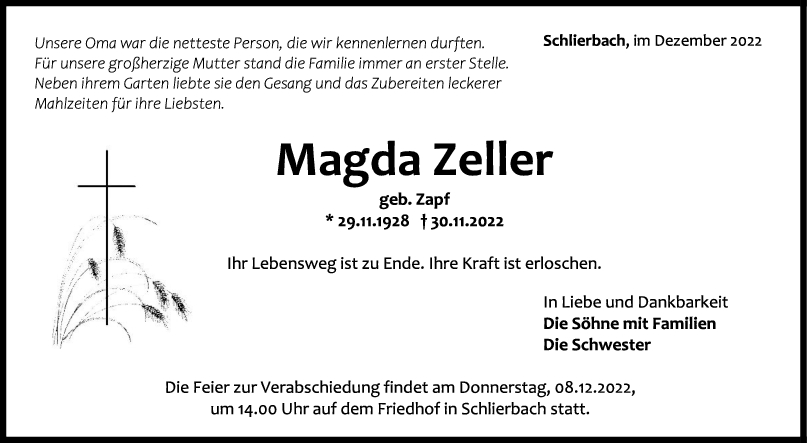Trauer Magda Zeller <br><p style=