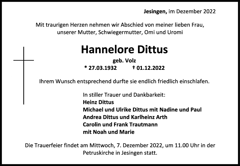 Trauer Hannelore Dittus <br><p style=