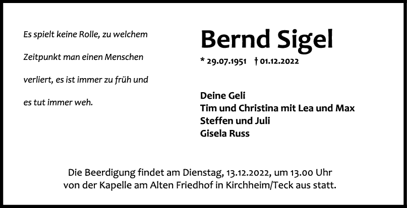 Trauer Bernd Sigel 08/12/2022