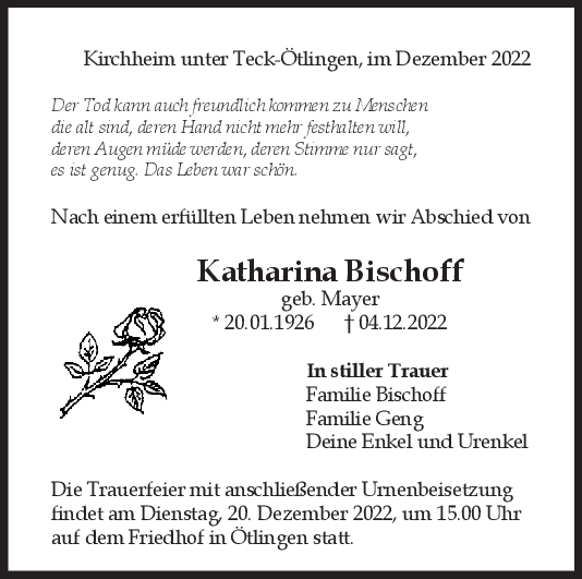 Trauer Katharina Bischoff 17/12/2022