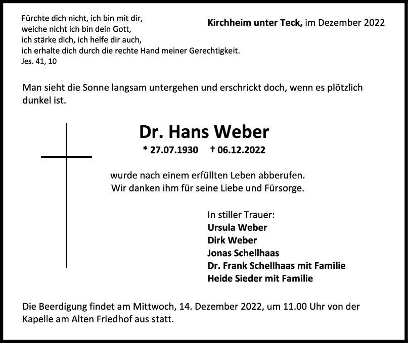 Trauer Dr. Hans Weber 10/12/2022