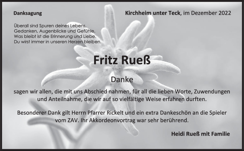 Danksagung Fritz Rueß <br><p style=