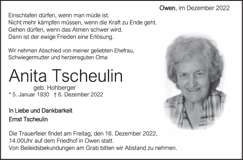 Trauer Anita Tscheulin 10/12/2022