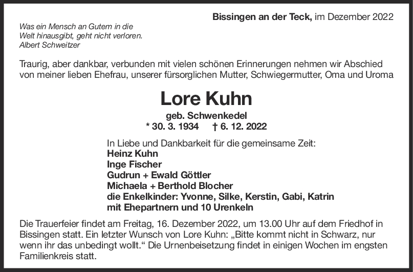 Trauer Lore Kuhn 10/12/2022