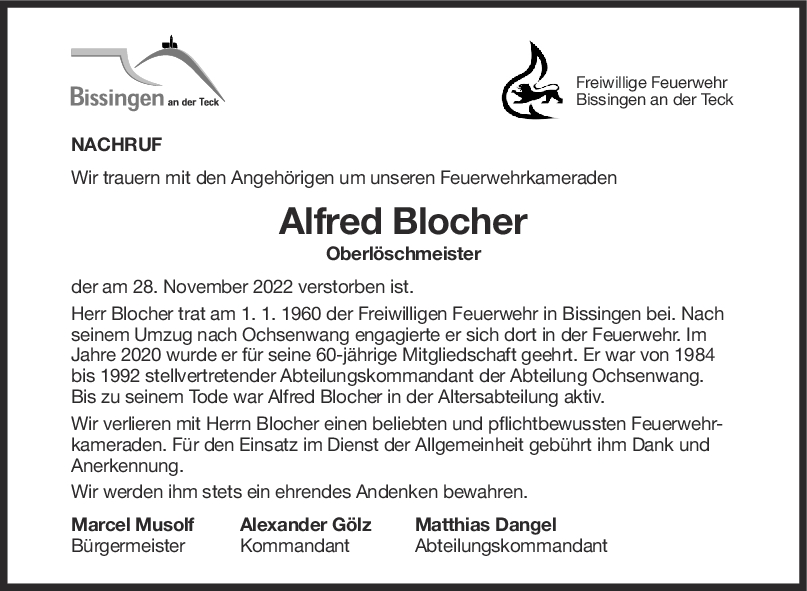 Nachruf Alfred Blocher <br><p style=