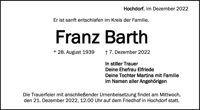 Trauer Franz Barth 17/12/2022
