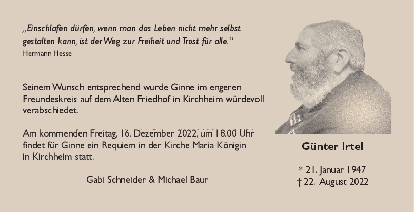 Trauer Günter Irtel 14/12/2022