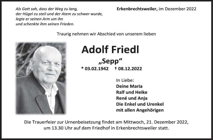 Trauer Adolf Friedl <br><p style=