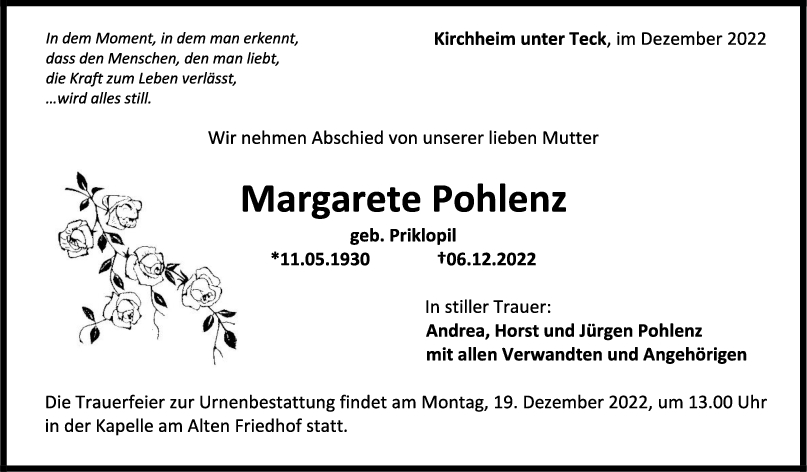 Trauer Margarete Pohlenz 17/12/2022
